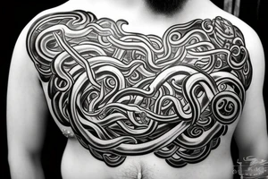 full body kraken in the shoulder region with tentacles holding nordic symbol with clouds surrounding the symbol descending to the deltoid region blackwork tattoo tattoo idea
