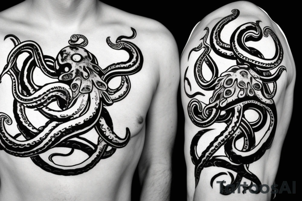 full body kraken with tentacles holding nordic symbol with clouds surrounding the symbol tattoo idea