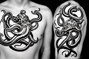 full body kraken with tentacles holding nordic symbol with clouds surrounding the symbol tattoo idea