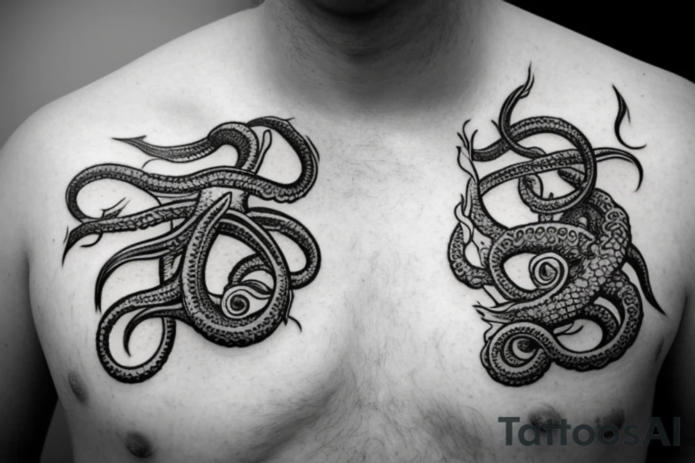 full body kraken in the shoulder region with tentacles holding illuminatti symbol with clouds surrounding the symbol descending to the deltoid region blackwork tattoo tattoo idea