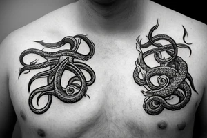 full body kraken in the shoulder region with tentacles holding illuminatti symbol with clouds surrounding the symbol descending to the deltoid region blackwork tattoo tattoo idea