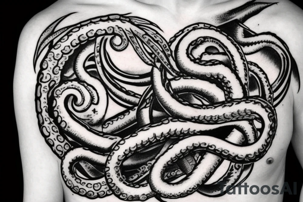 full body kraken in the shoulder region with tentacles holding illuminatti symbol with clouds surrounding the symbol descending to the deltoid region blackwork tattoo tattoo idea