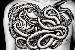 full body kraken in the shoulder region with tentacles holding illuminatti symbol with clouds surrounding the symbol descending to the deltoid region blackwork tattoo tattoo idea