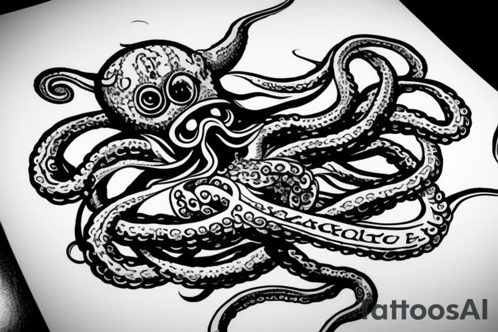 full body kraken with tentacles holding illuminatti symbol with clouds surrounding the symbol tattoo idea