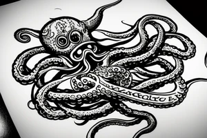 full body kraken with tentacles holding illuminatti symbol with clouds surrounding the symbol tattoo idea