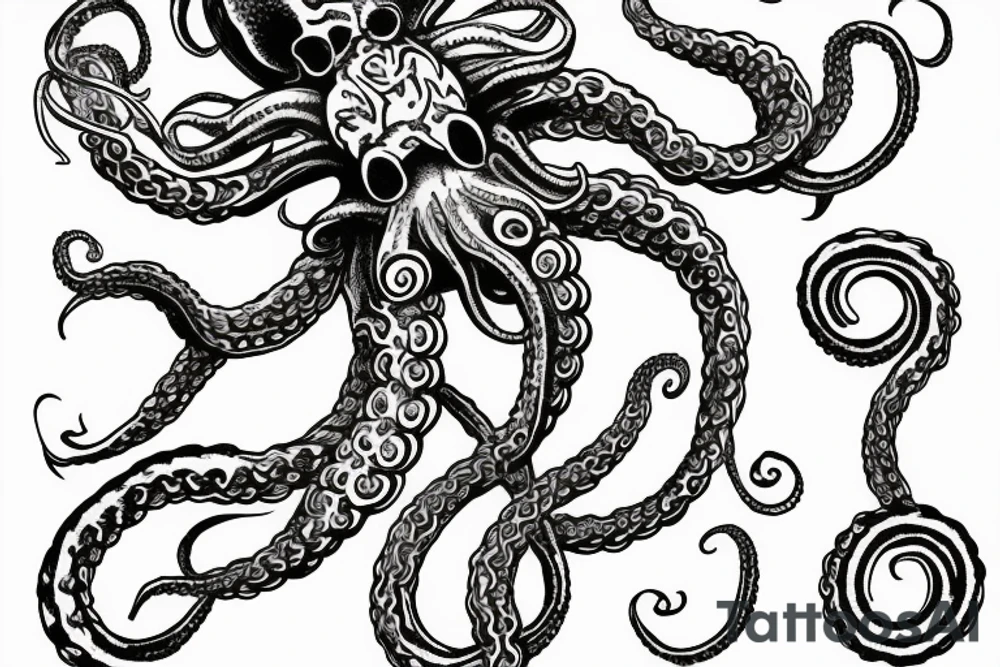 full body kraken with tentacles holding illuminatti symbol with clouds surrounding the symbol tattoo idea