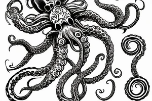 full body kraken with tentacles holding illuminatti symbol with clouds surrounding the symbol tattoo idea