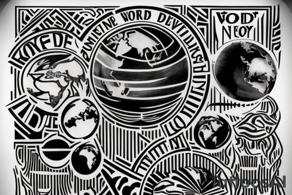 art deco 
diego rivera
globe world 
banner with text reads: "The World Is Not Enough" tattoo idea