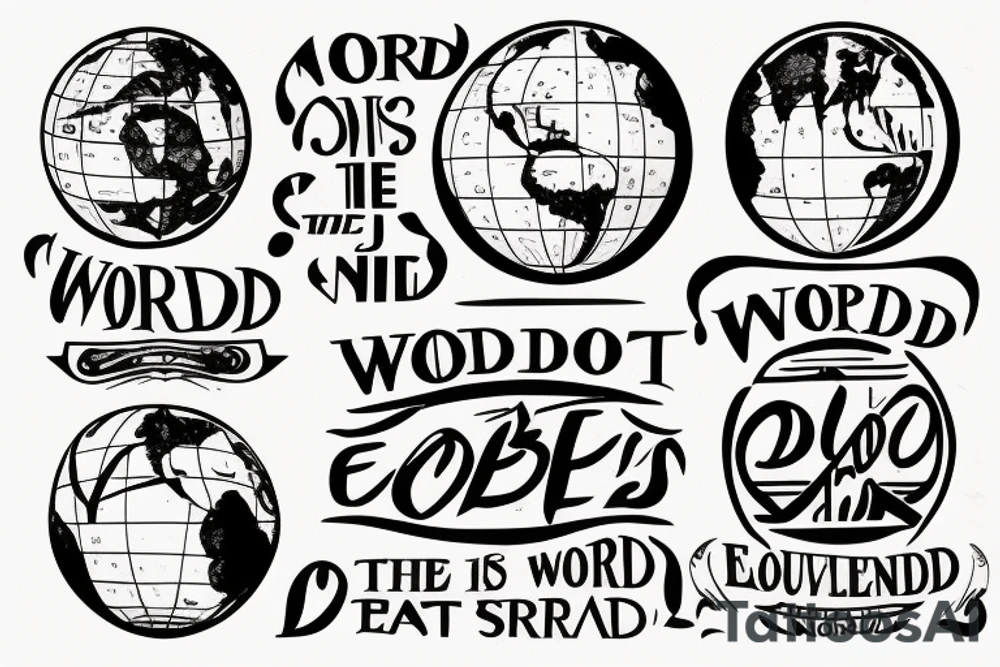 art deco globe world 
banner with text reads: "The World Is Not Enough"
forearm tattoo idea