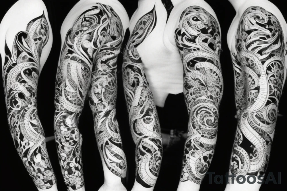 Black and white. Flowers and waves on a full sleeve. Slightly geometric and black work tattoo idea