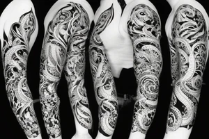 Black and white. Flowers and waves on a full sleeve. Slightly geometric and black work tattoo idea