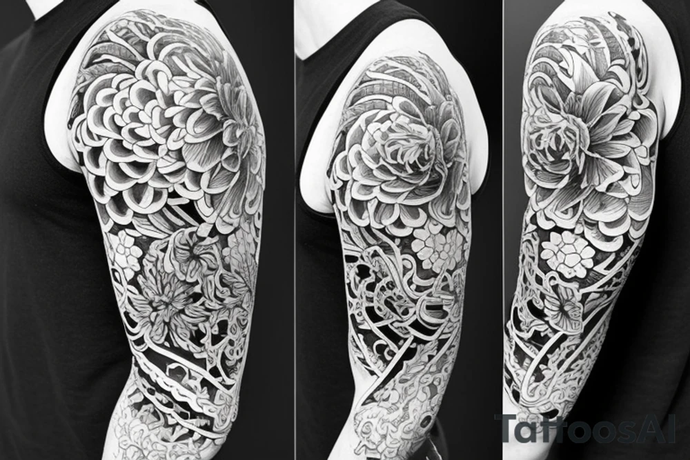 Black and white. Flowers and waves on a full sleeve. Slightly geometric and black work tattoo idea