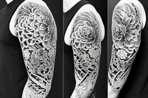 Black and white. Flowers and waves on a full sleeve. Slightly geometric and black work tattoo idea