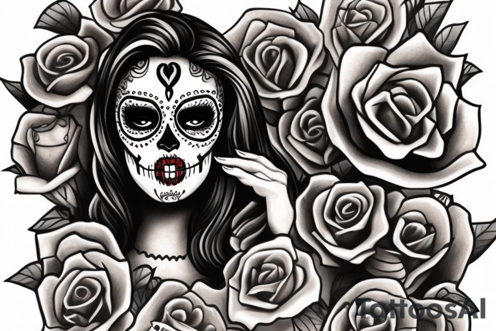 zombie sugar skull woman with old fashioned frame around outside tattoo idea