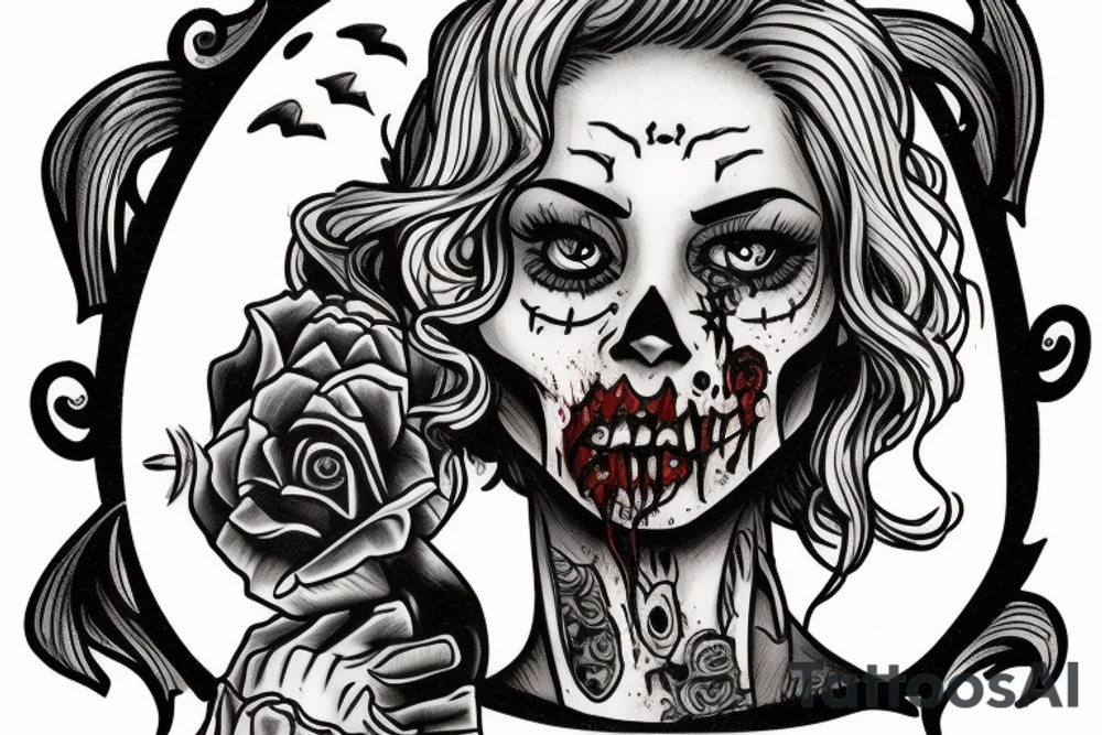 zombie woman with old fashioned frame around outside tattoo idea