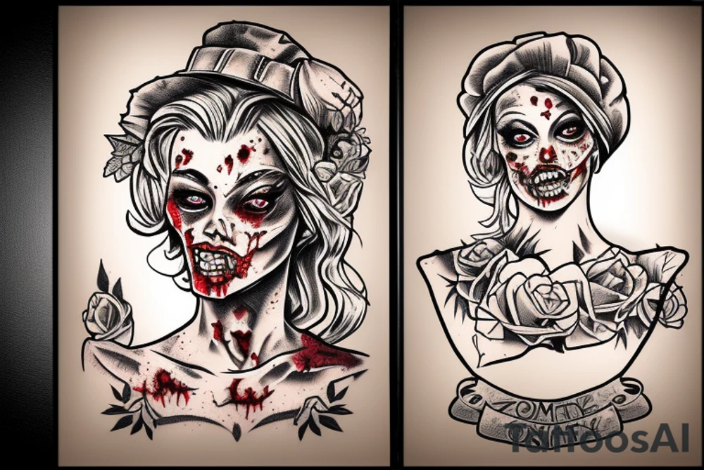 zombie woman with old fashioned frame around outside tattoo idea
