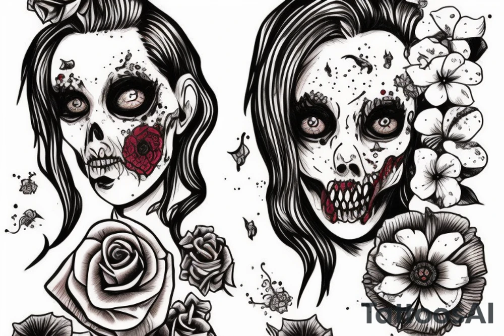 zombie woman with nightshade flowers tattoo idea