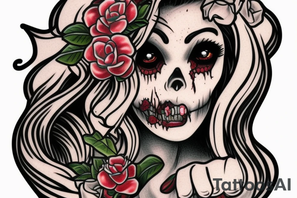 zombie woman with nightshade flowers tattoo idea