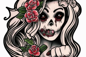 zombie woman with nightshade flowers tattoo idea