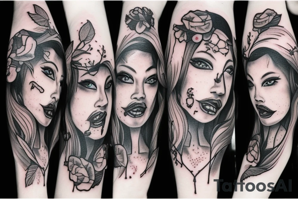 beautiful zombie woman with nightshade flowers tattoo idea