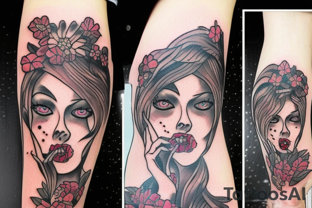 beautiful zombie woman with nightshade flowers tattoo idea