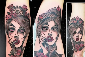 beautiful zombie woman with nightshade flowers tattoo idea
