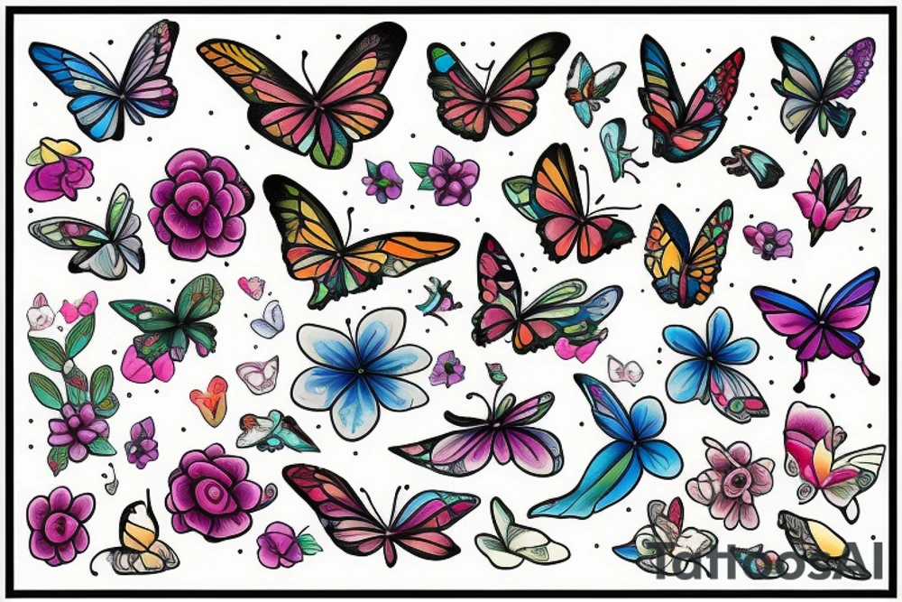 Sparrow with flowers and butterflies tattoo idea
