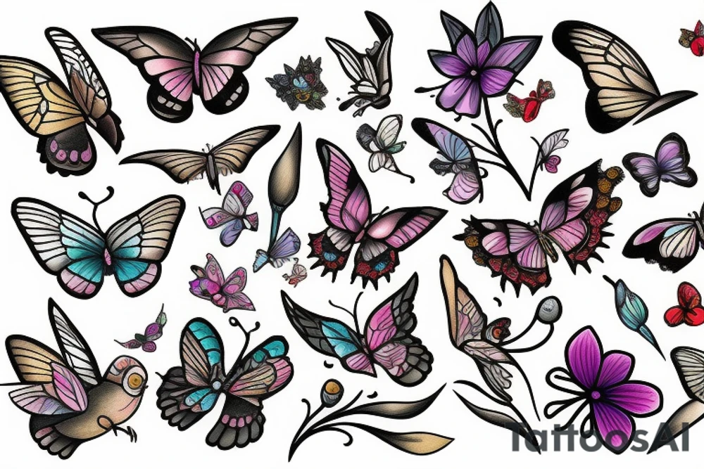 Sparrow with flowers and butterflies tattoo idea