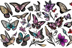 Sparrow with flowers and butterflies tattoo idea