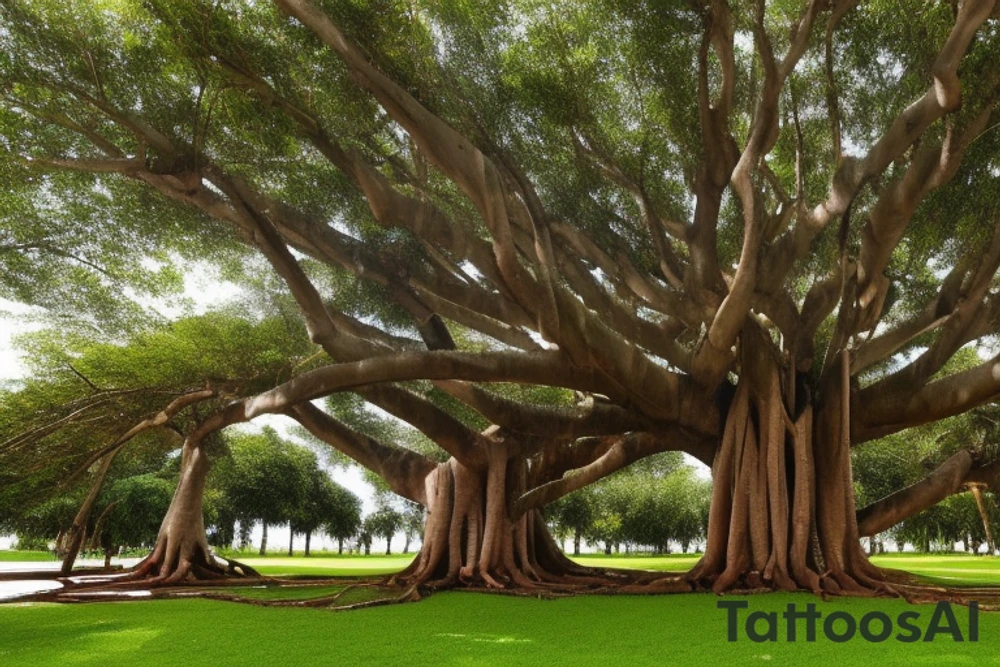Imagine a large banyan tree with its sprawling branches and roots. The tree is placed in the foreground of the artwork, taking up most of the space. Its branches are adorned with lush green leaves, and the aerial roots dangle down from the branches, creating a sense of mystery and wonder.

In the background, you can see the sun rising or setting, with its rays shining through the branches of the tree. The sun is painted with warm hues of yellow, orange, and red, giving it a sense of warmth and energy.

The tree and the sun together represent the interconnectedness of all things in nature. The banyan tree, with its extensive root system, symbolizes stability, strength, and endurance, while the sun represents life, growth, and energy. The interplay between the two creates a sense of balance and harmony.

Overall, this artwork represents the beauty and power of nature and the importance of appreciating and preserving it. It encourages us to remember that we are all connected to the natural world and that our actions can have a significant impact on it. tattoo idea