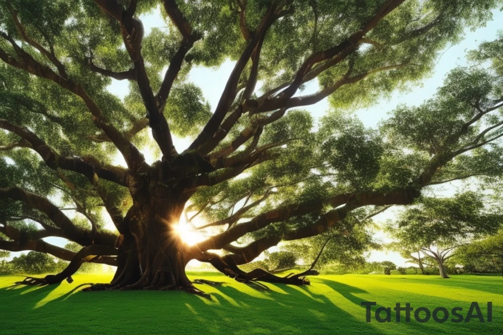 Imagine a large banyan tree with its sprawling branches and roots. The tree is placed in the foreground of the artwork, taking up most of the space. Its branches are adorned with lush green leaves, and the aerial roots dangle down from the branches, creating a sense of mystery and wonder.

In the background, you can see the sun rising or setting, with its rays shining through the branches of the tree. The sun is painted with warm hues of yellow, orange, and red, giving it a sense of warmth and energy.

The tree and the sun together represent the interconnectedness of all things in nature. The banyan tree, with its extensive root system, symbolizes stability, strength, and endurance, while the sun represents life, growth, and energy. The interplay between the two creates a sense of balance and harmony.

Overall, this artwork represents the beauty and power of nature and the importance of appreciating and preserving it. It encourages us to remember that we are all connected to the natural world and that our actions can have a significant impact on it. tattoo idea