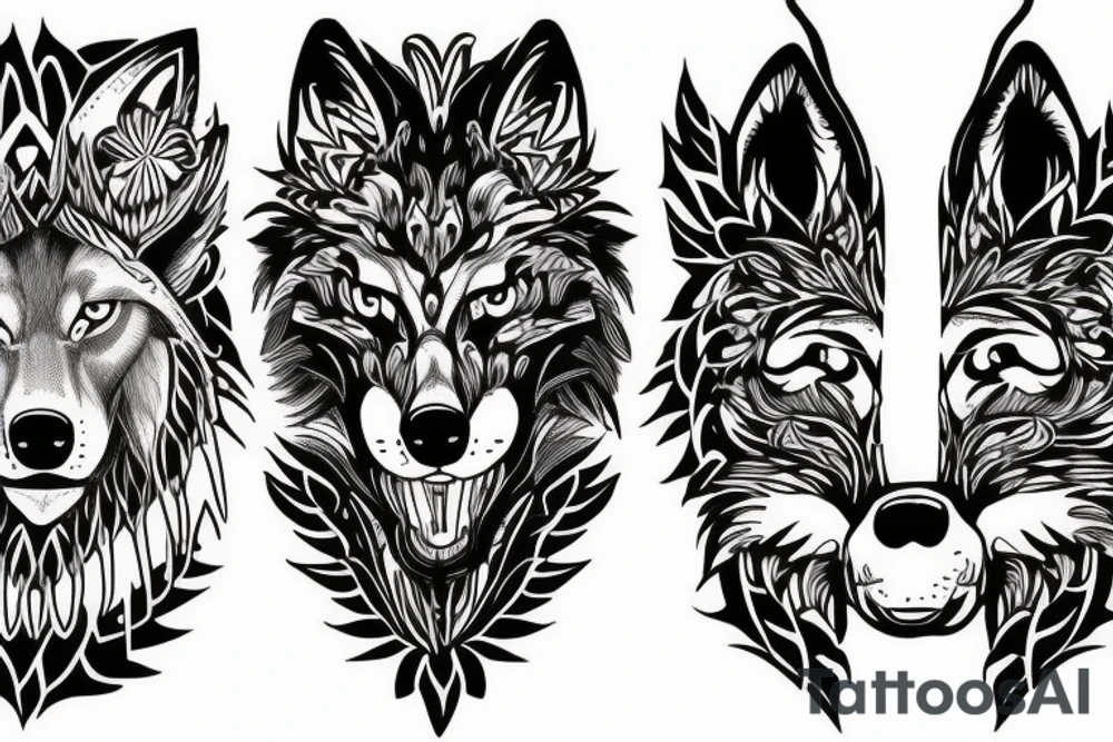Half growling wolf half flower tattoo idea