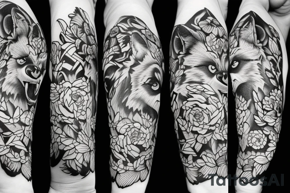 Half growling wolf half flower tattoo idea
