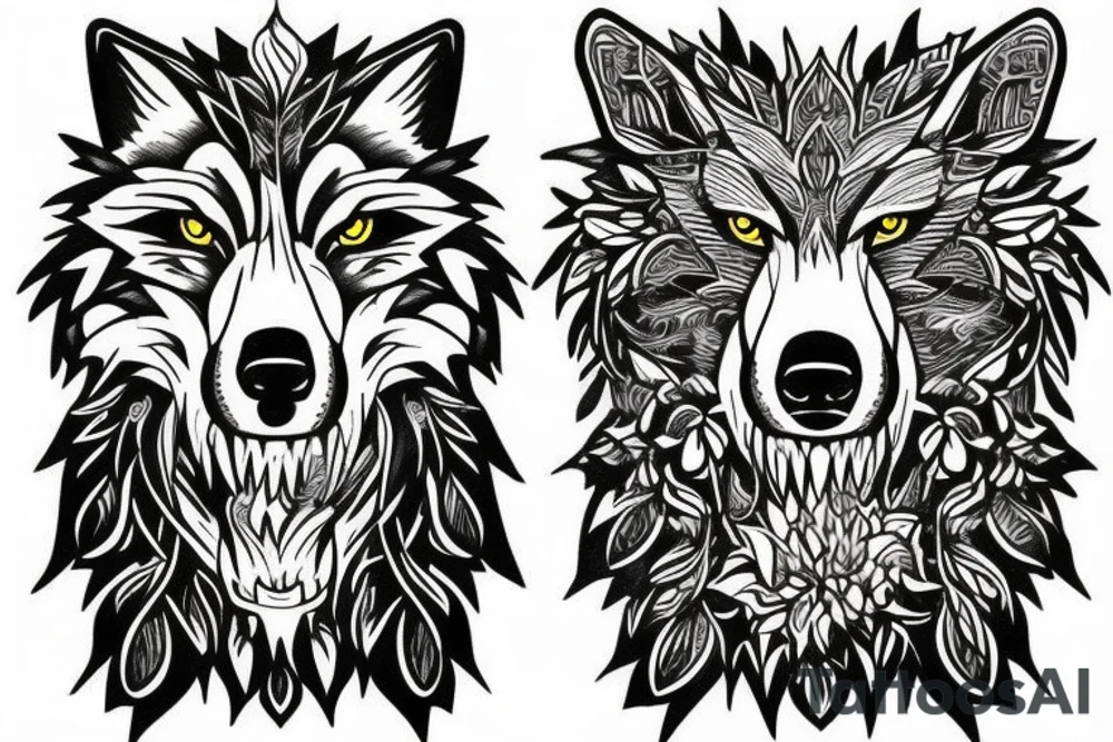 growling wolf split in half other half is flowers tattoo idea