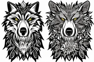 growling wolf split in half other half is flowers tattoo idea
