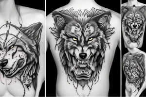 growling wolf split in half other half is flowers tattoo idea