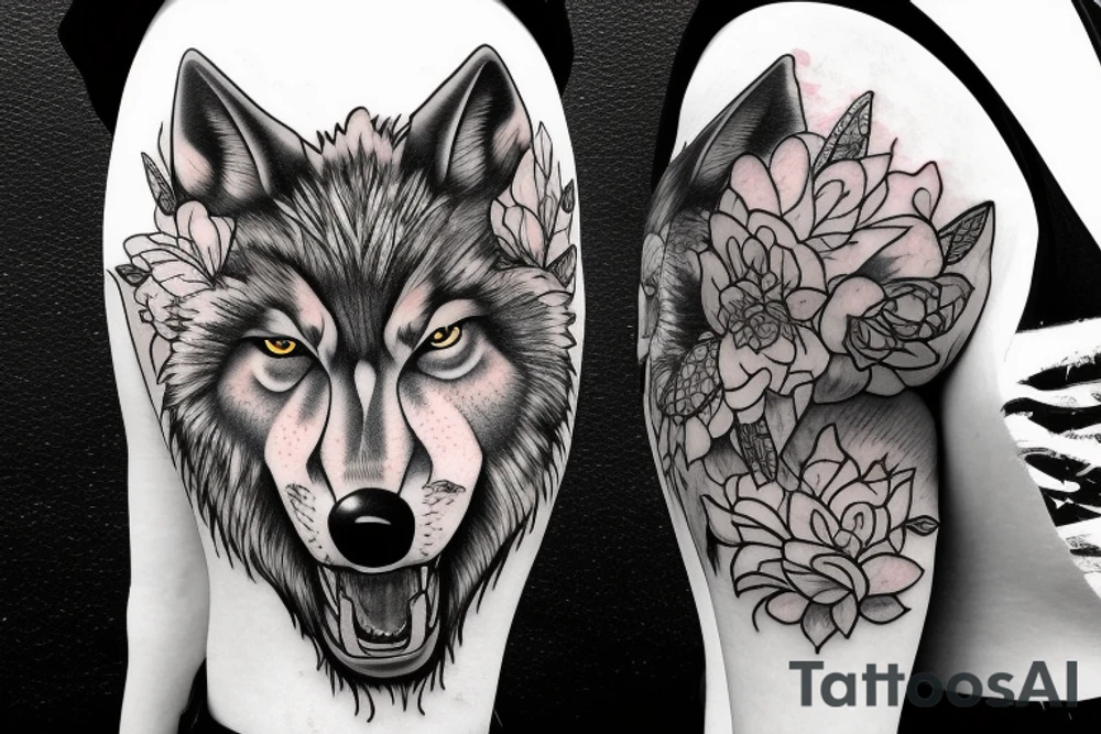 growling wolf split in half other half is flowers tattoo idea growling wolf split in half other half is flowers tattoo idea