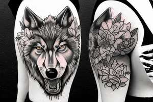 growling wolf split in half other half is flowers tattoo idea