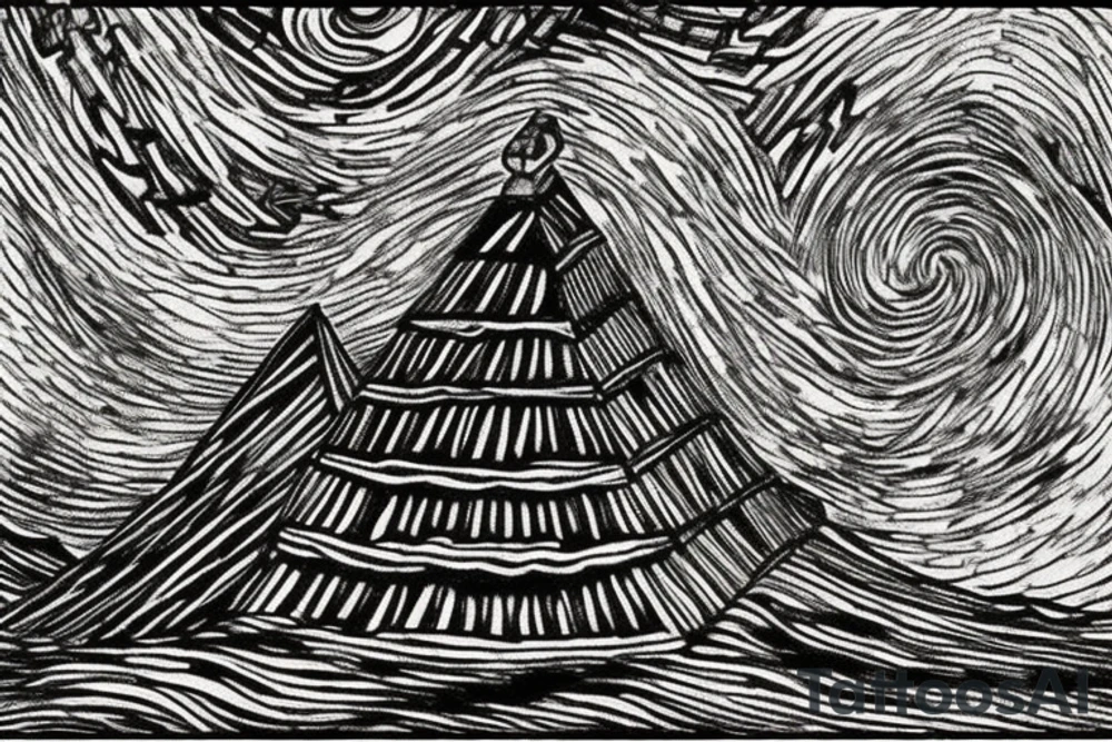 In style Vincent Van Gogh. of A Quetzalcoatl Coiled up around a pyramid. Include an artists renditions of what the ancient cultures would have drawn the constellations as a back ground. The background will be full of night time starts that are positioned correctly. tattoo idea