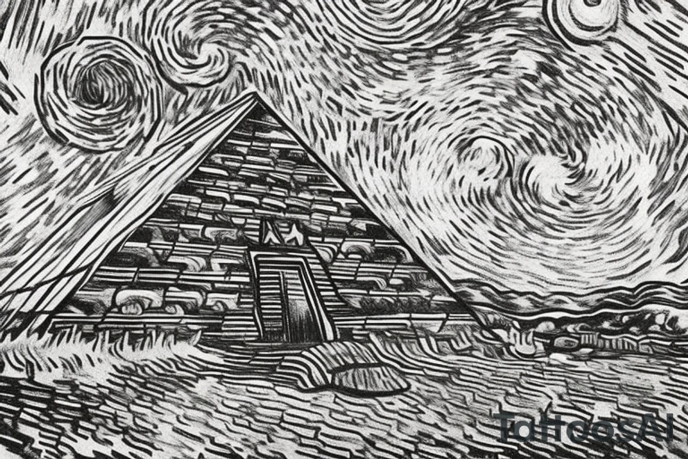 In style Vincent Van Gogh. of A Quetzalcoatl Coiled up around a pyramid. Include an artists renditions of what the ancient cultures would have drawn the constellations as a back ground. The background will be full of night time starts that are positioned correctly. tattoo idea