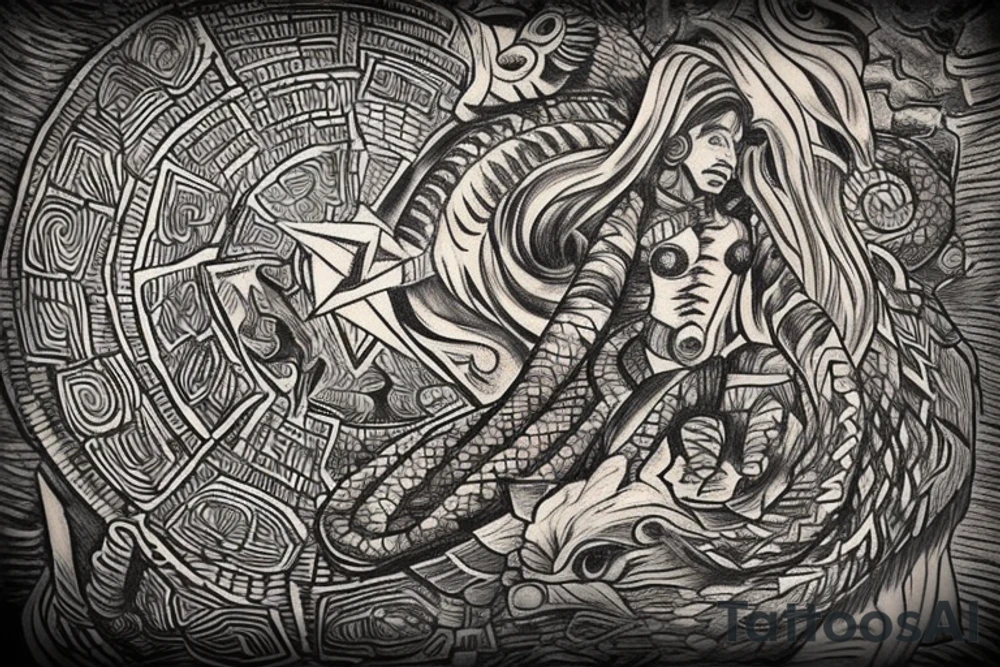 In style Vincent Van Gogh. of A Quetzalcoatl the feathered serpent. Coiled up around a Aztec pyramid. Include an artists renditions of what the ancient cultures would have drawn the constellations as a back ground. The background will be full of night time starts that are positioned correctly. tattoo idea