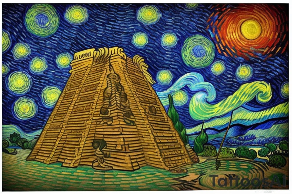 In style Vincent Van Gogh. of A Quetzalcoatl the feathered serpent. Coiled up around a Aztec pyramid. Include an artists renditions of what the ancient cultures would have drawn the constellations as a back ground. The background will be full of night time starts that are positioned correctly. tattoo idea