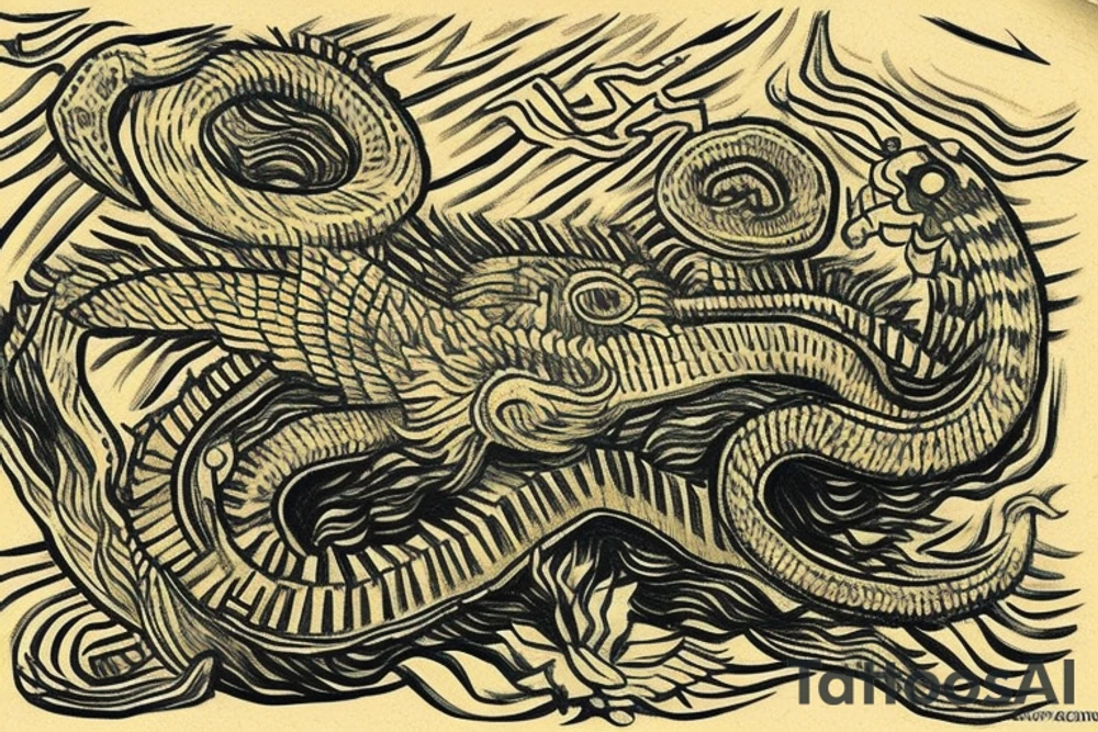In style Vincent Van Gogh. of A Quetzalcoatl the feathered serpent. Coiled up around a Aztec pyramid. Include an artists renditions of what the ancient cultures would have drawn the constellations as a back ground. The background will be full of night time starts that are positioned correctly. tattoo idea