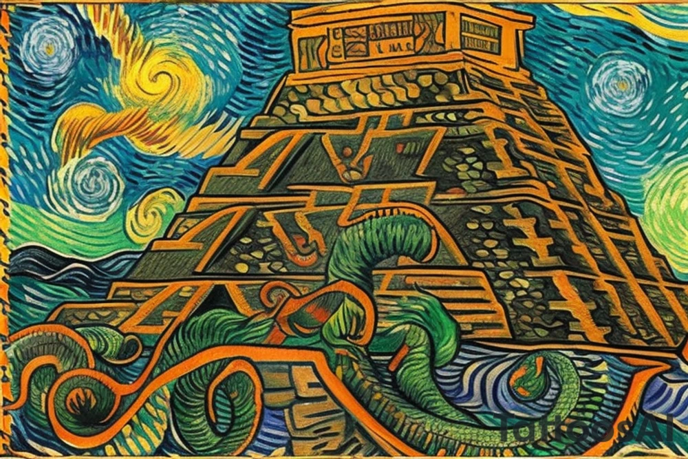 In style Vincent Van Gogh. of A Quetzalcoatl the feathered serpent. Coiled up around a Aztec pyramid. Include an artists renditions of what the ancient cultures would have drawn the constellations as a back ground. The background will be full of night time starts that are positioned correctly. tattoo idea