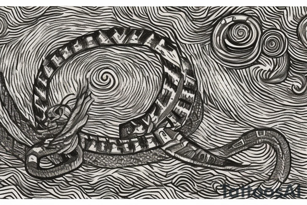 In style Vincent Van Gogh. of A Quetzalcoatl the feathered serpent. Coiled up around a Aztec pyramid. Include an artists renditions of what the ancient cultures would have drawn the constellations as a back ground. The background will be full of night time starts that are positioned correctly. tattoo idea