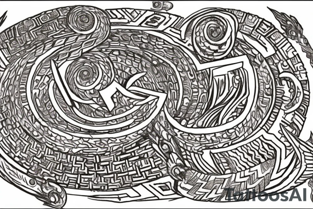 In style Vincent Van Gogh. of A Quetzalcoatl the feathered serpent. Coiled up around a Aztec pyramid. Include an artists renditions of what the ancient cultures would have drawn the constellations as a back ground. The background will be full of night time starts that are positioned correctly. tattoo idea