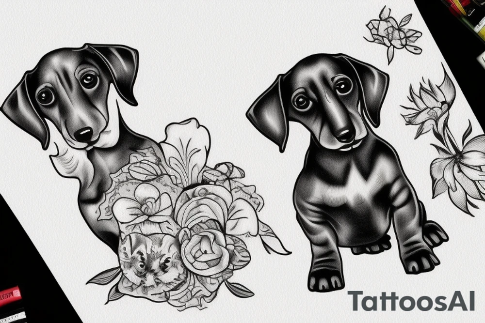 dachshund puppy in painting box tattoo idea