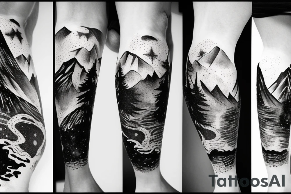An leg sleeve with outer space at the top with mountains and a forest underneath tattoo idea