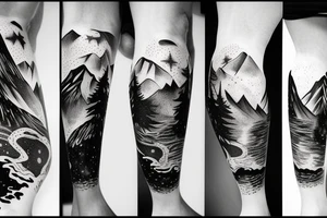 An leg sleeve with outer space at the top with mountains and a forest underneath tattoo idea