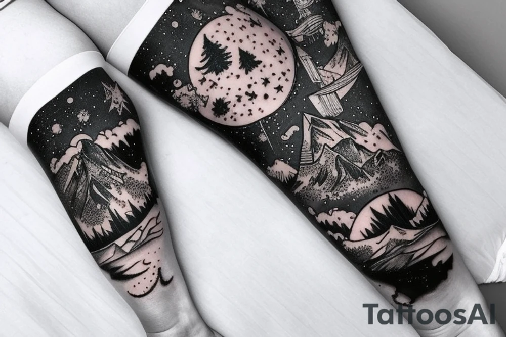 An leg sleeve with outer space at the top with mountains and a forest underneath tattoo idea